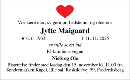 Dødsannoncen for Jytte Maigaard - Frederiksberg