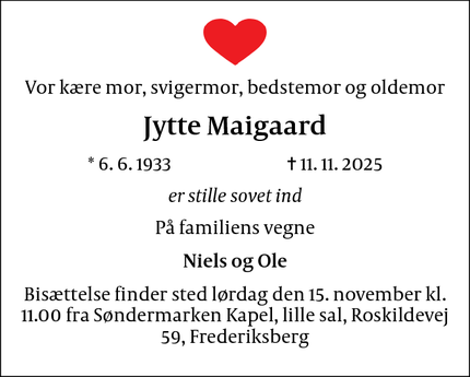 Dødsannoncen for Jytte Maigaard - Frederiksberg