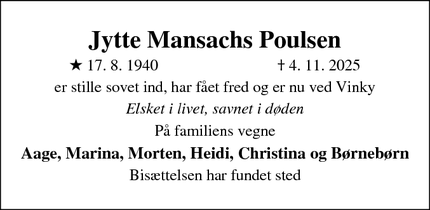 Dødsannoncen for Jytte Mansachs Poulsen - Lem St