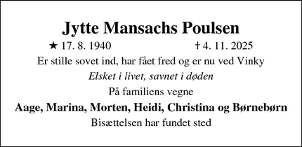 Dødsannoncen for Jytte Mansachs Poulsen - Lem St