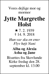 Dødsannoncen for Jytte Margrethe Holst - Skovlunde
