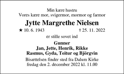 Dødsannoncen for Jytte Margrethe Nielsen - Odense