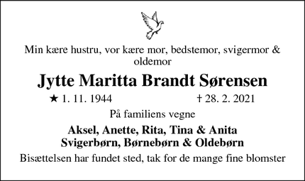 Dødsannoncen for Jytte Maritta Brandt Sørensen - Vissing 