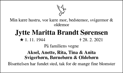 Dødsannoncen for Jytte Maritta Brandt Sørensen - Vissing