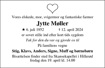 Dødsannoncen for Jytte Møller - Nødebo, Fredensborg 