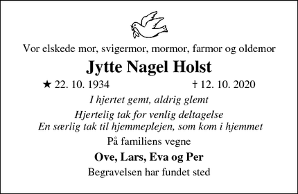 Dødsannoncen for Jytte Nagel Holst - Stubberup , 4230 Skælskør 