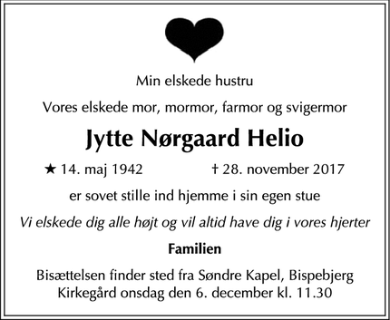 Dødsannoncen for Jytte Nørgaard Helio - Hellerup