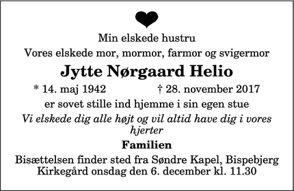 Dødsannoncen for Jytte Nørgaard Helio - Hellerup