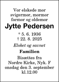 Dødsannoncen for Jytte Pedersen - Nykøbing F