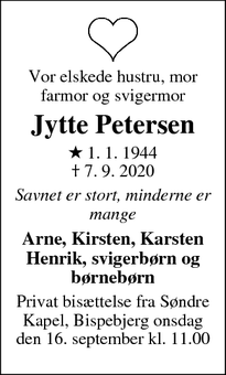 Dødsannoncen for Jytte Petersen - Kværkeby