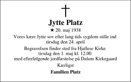 Dødsannoncen for Jytte Platz - Odense