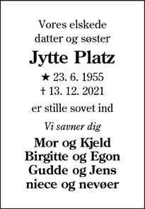 Dødsannoncen for Jytte Platz - Marstrup