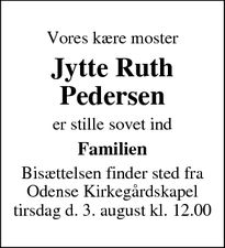 Dødsannoncen for Jytte Ruth
Pedersen - Odense