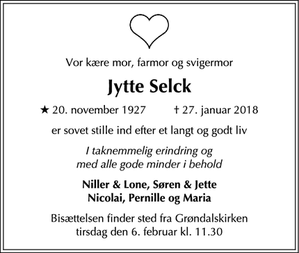 Dødsannoncen for Jytte Selck - Copenhagen