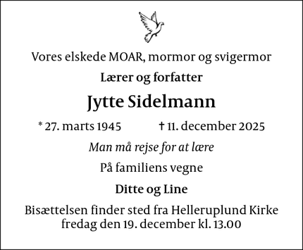 Dødsannoncen for Jytte Sidelmann - 2900 Hellerup