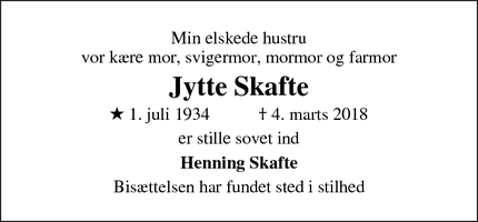 Dødsannoncen for Jytte Skafte - Slagelse