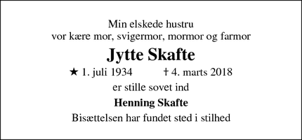 Dødsannoncen for Jytte Skafte - Slagelse