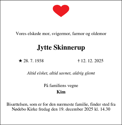 Dødsannoncen for Jytte Skinnerup - Frederikssund