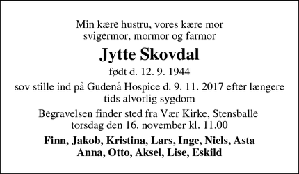 Dødsannoncen for Jytte Skovdal - Stensballe, 8700 Horsens