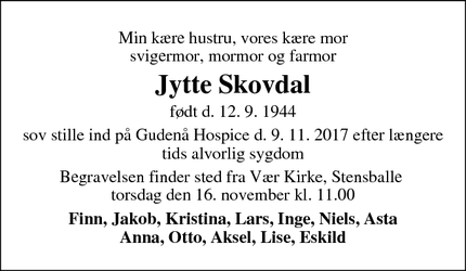 Dødsannoncen for Jytte Skovdal - Stensballe, 8700 Horsens