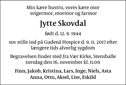 Dødsannoncen for Jytte Skovdal - Stensballe, 8700 Horsens