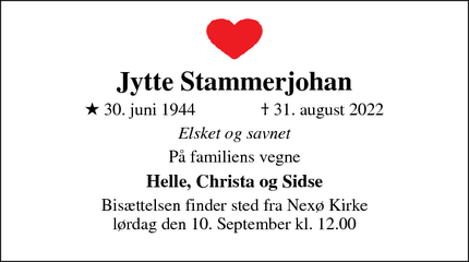 Dødsannoncen for Jytte Stammerjohan - Nexø
