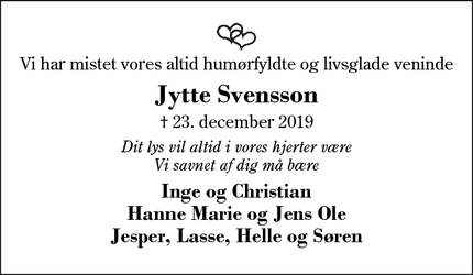 Dødsannoncen for Jytte Svensson - Sunds