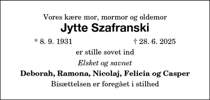 Dødsannoncen for Jytte Szafranski - Nakskov