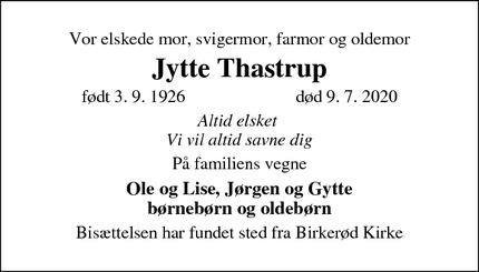 Dødsannoncen for Jytte Thastrup - Birkerød