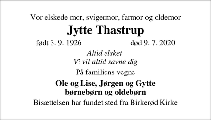 Dødsannoncen for Jytte Thastrup - Birkerød