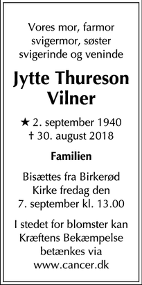 Dødsannoncen for Jytte Thureson Vilner - Birkerød