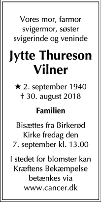 Dødsannoncen for Jytte Thureson Vilner - Birkerød