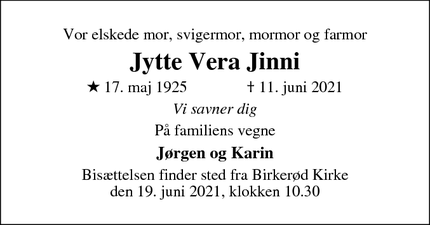 Dødsannoncen for Jytte Vera Jinni - Birkerød