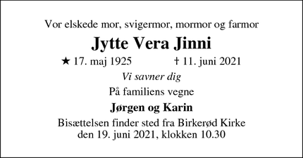 Dødsannoncen for Jytte Vera Jinni - Birkerød