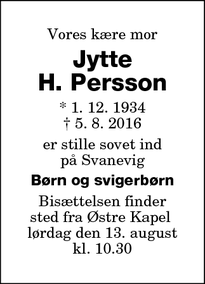 Dødsannoncen for Jytte H. Persson - Nykøbing F