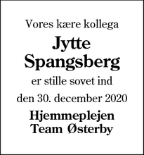 Dødsannoncen for Jytte
Spangsberg - Esbjerg