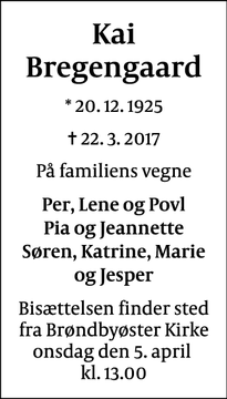 Dødsannoncen for Kai Bregengaard - Brøndbyøster