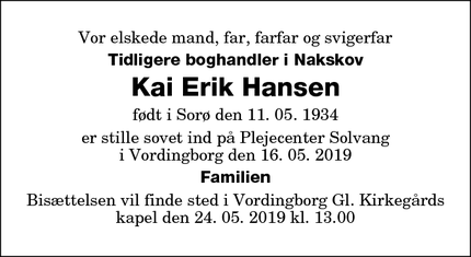 Dødsannoncen for Kai Erik Hansen - Vordingborg 