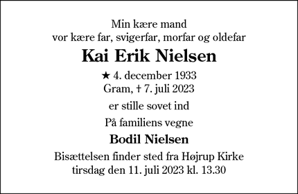 Dødsannoncen for Kai Erik Nielsen - Gram