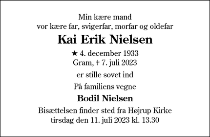 Dødsannoncen for Kai Erik Nielsen - Gram