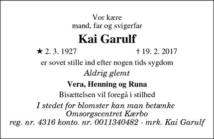 Dødsannoncen for Kai Garulf - Ishøj