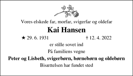 Dødsannoncen for Kai Hansen - Ringsted