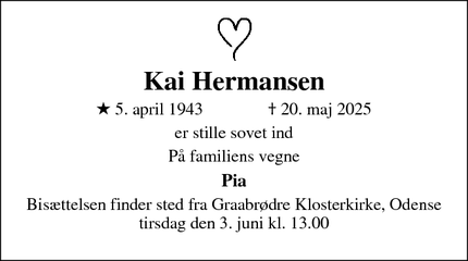 Dødsannoncen for Kai Hermansen - odense