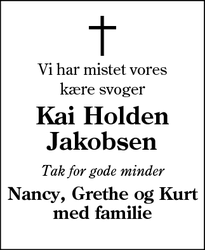 Dødsannoncen for Kai Holden
Jakobsen - Vilslev, 6771 Gredstedbro