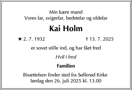 Dødsannoncen for Kai Holm - Holte
