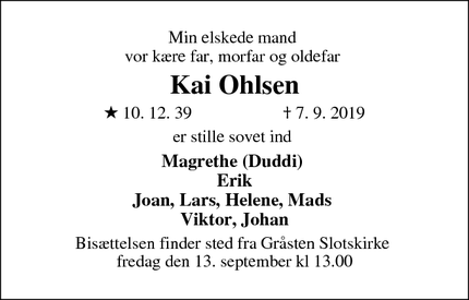 Dødsannoncen for Kai Ohlsen - Gråsten