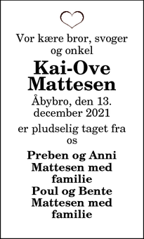 Dødsannoncen for Kai-Ove Mattesen - Tylstrup.