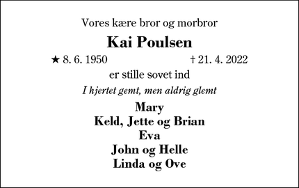 Dødsannoncen for Kai Poulsen - Vildbjerg