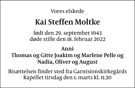 Dødsannoncen for Kai Steffen Moltke - København Ø