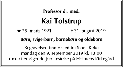 Dødsannoncen for Kai Tolstrup - København